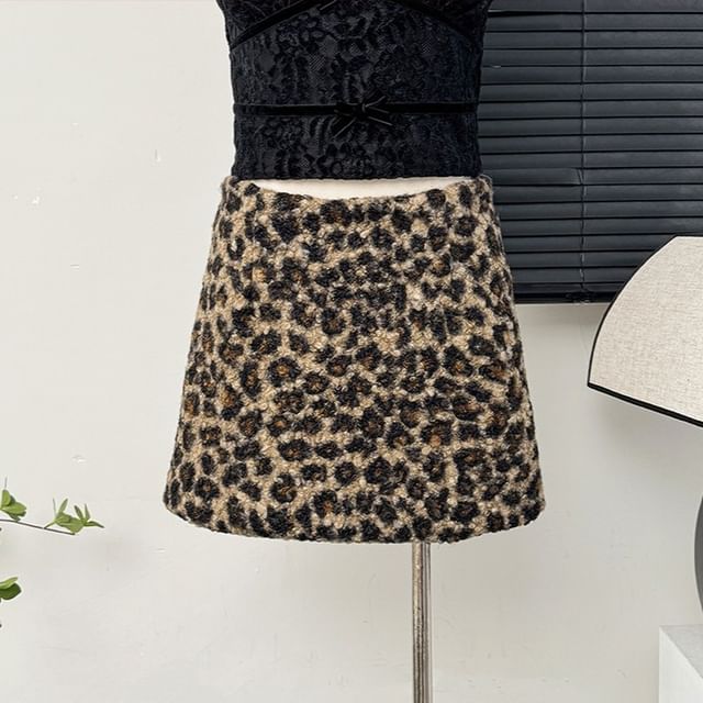 Lemongrass-Leopard-Print Wool Mini Skirt