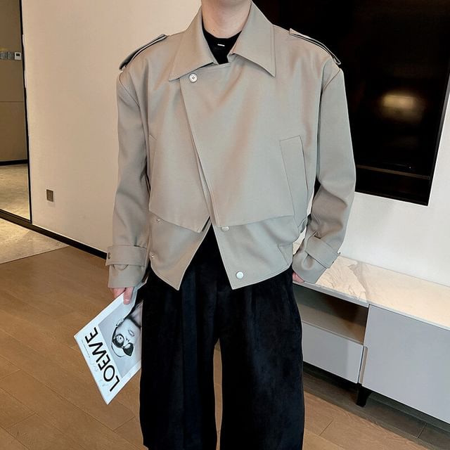 Freehop-Mock Two-Piece Collared Button-Up Plain Trench Jacket
