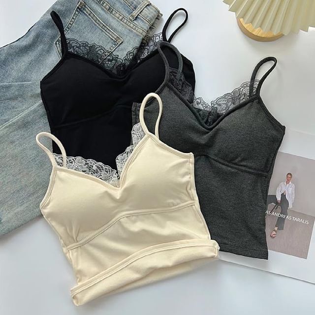 DIYI-V-Neck Plain Lace Trim Camisole Top