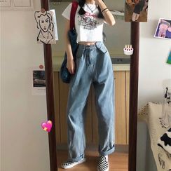 Smiler - Short-Sleeve Cartoon Print Cropped T-Shirt / Washed Straight-Cut Jeans Smiler - Short-Sleeve Cartoon Print Cropped T-Shirt / Washed Straight-Cut Jeans