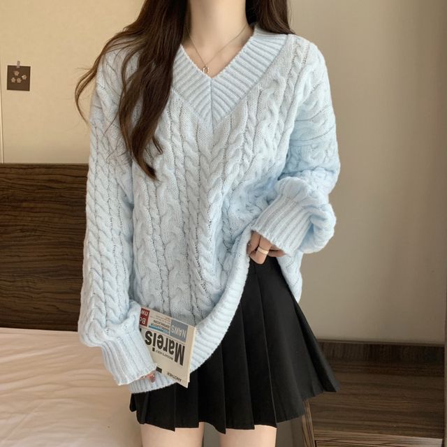 Ukiyo - V-Neck Plain Cable-Knit Oversized Sweater | YesStyle