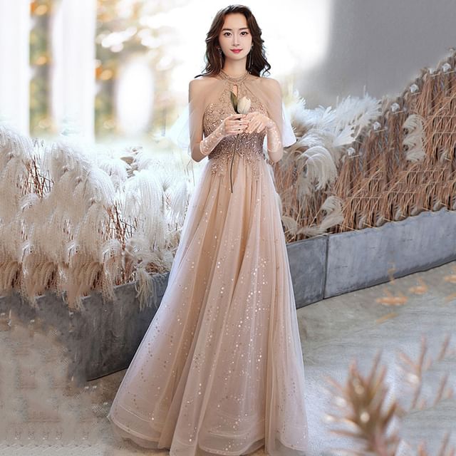 Lexama-Cap-Sleeve Halter Cold-Shoulder Sequin Tulle A-Line Evening Gown