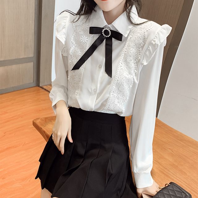 Everose-Lace Panel Ruffled Shirt
