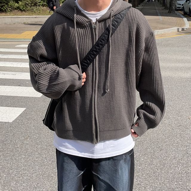 Okwano-Plain Hood Ribbed Zip Cardigan
