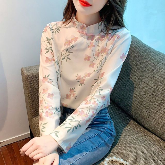 Dragan Pulse Long-Sleeve Mandarin Collar Floral Print Blouse