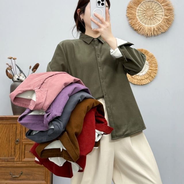 Everose-Long-Sleeve Corduroy Plain Shirt