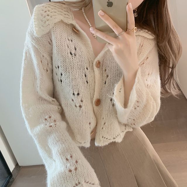 INEN-Collared Plain Pointelle Cardigan