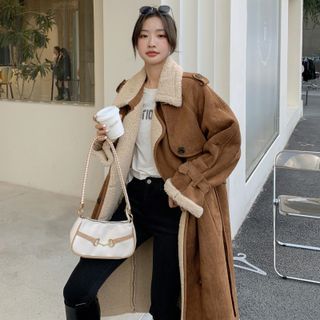 Ariadne Furry Collar Double Breasted Faux Suede Coat Sale