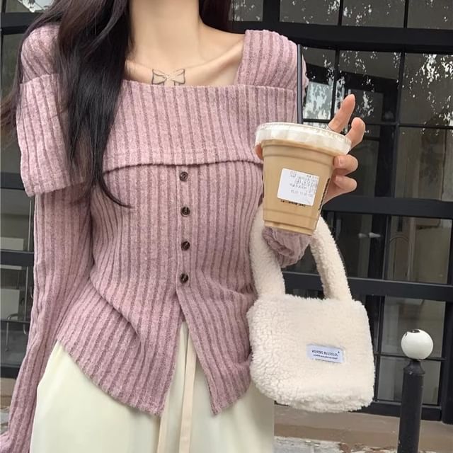 Hevnir-Long Sleeve Square Neck Button Up Ribbed Knit Crop Top