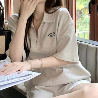 Bolgivy Set: Short-Sleeve Lettering Half-Zip Polo Shirt + Sweat Shorts Sale