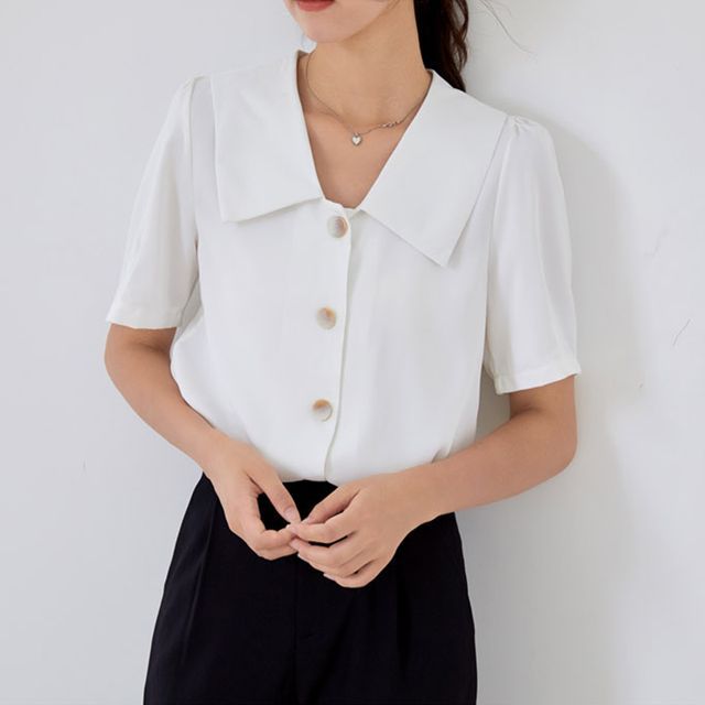 Everose-Short-Sleeve Collar Chiffon Blouse