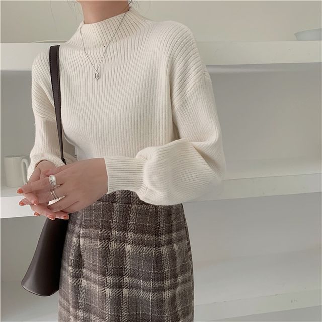 Inchioh-Mock-Neck Ribbed Sweater