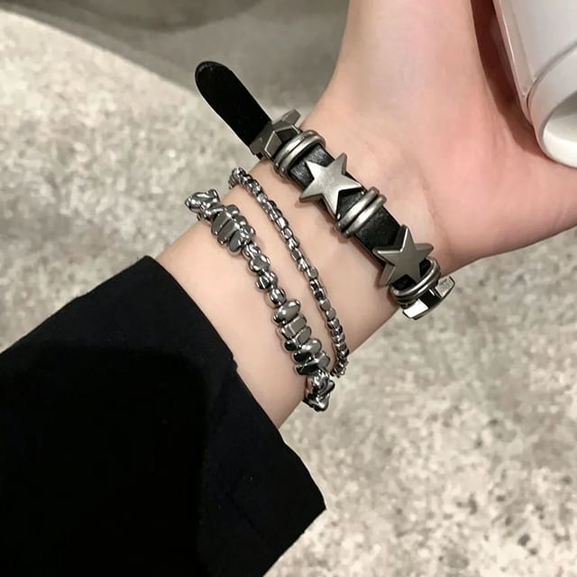 DREN-Star Alloy Faux Leather Bracelet