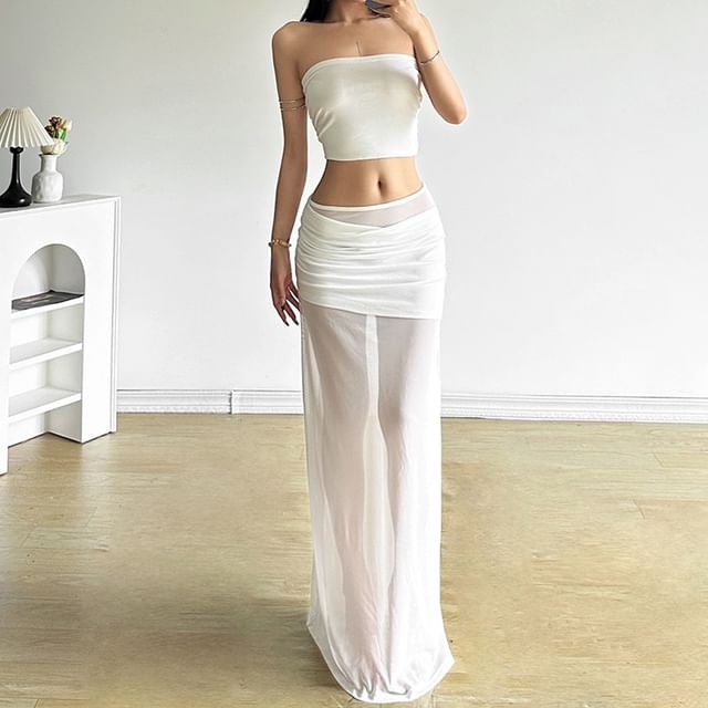 Bababy-High Waist Mesh Plain Maxi Skirt