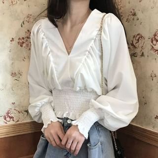 Sisyphi-Long Sleeve V-Neck Plain Ruffle Hem Crop Blouse