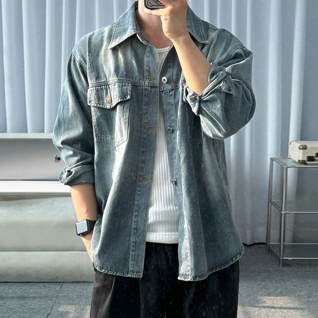 MRCYC-Washed Button-Up Denim Shirt Jacket
