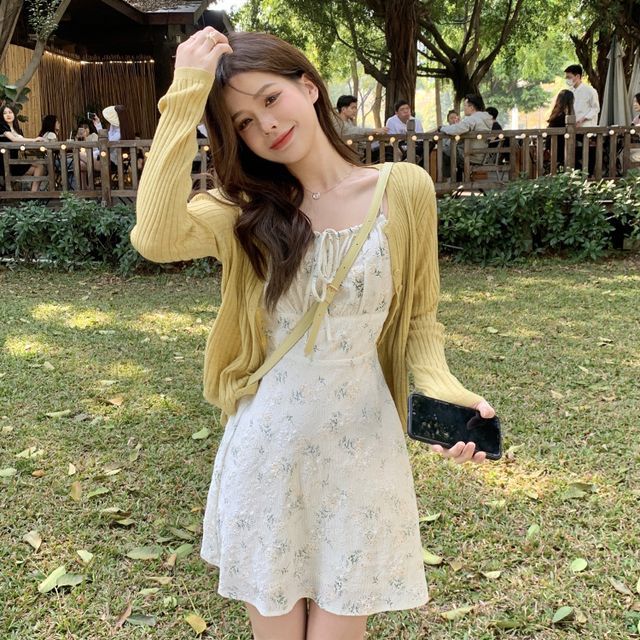 Closette - Spaghetti-Strap Floral Mini A-Line Dress / Cardigan | YesStyle
