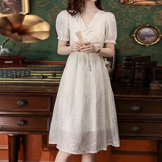 Klevy Short-Sleeve V-Neck Plain Embroidered Frog Closure Midi A-Line Wrap Dress Sale