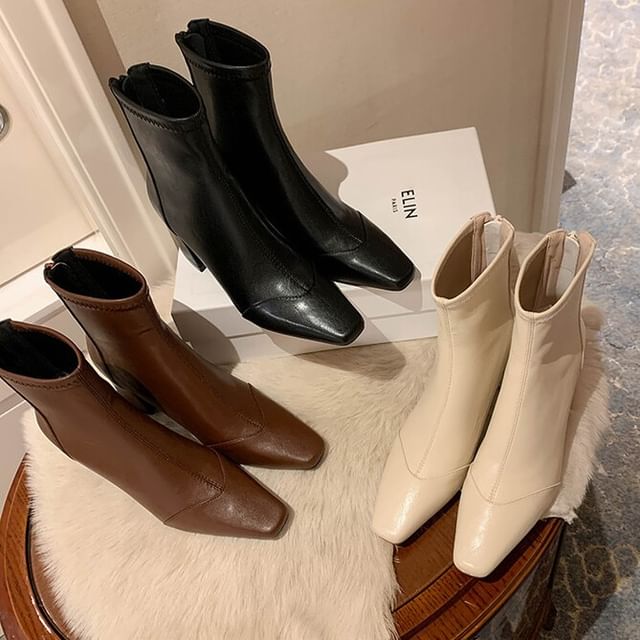 Anran-Square Toe Panel Block Heel Short Boots
