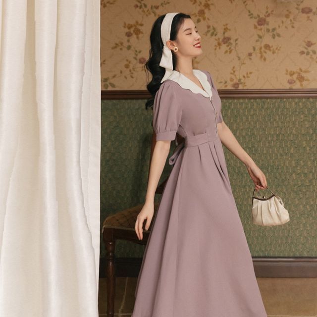 Nebbia - Puff-Sleeve Scallop Edge Collar Midi A-Line Dress | YesStyle