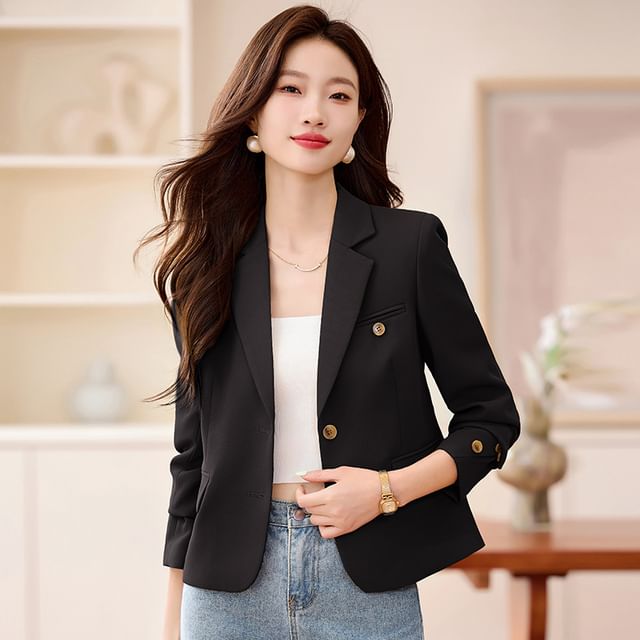 Skyheart-Lapel Collar Plain Single-Breasted Blazer