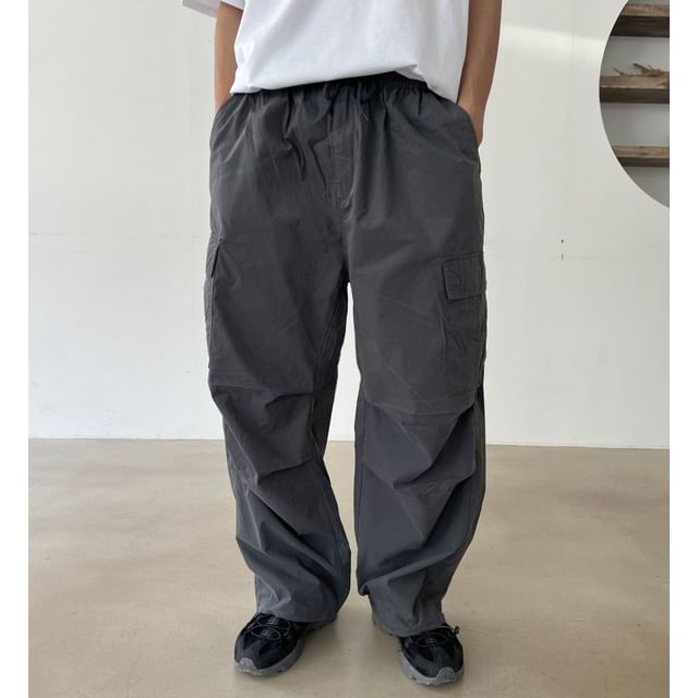 SeoulPop-Drawstring Waist Plain Cargo Pants