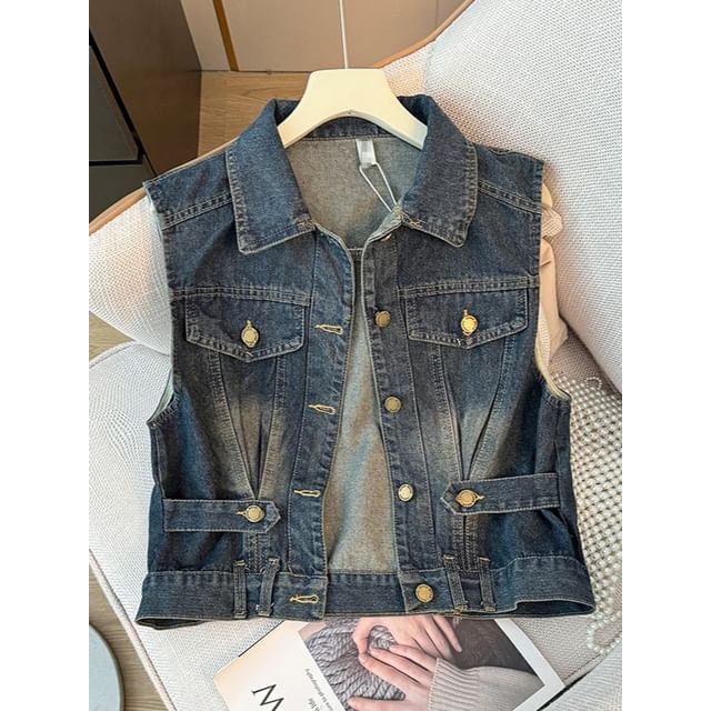 Lemongrass-Collared Button-Up Denim Vest Jacket
