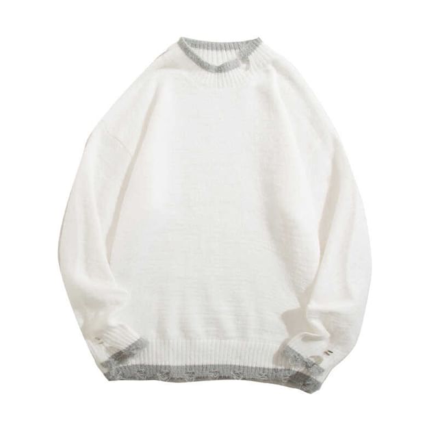 Yelmenor-Mock Two-Piece Round Neck Contrast Trim Distressed Sweater