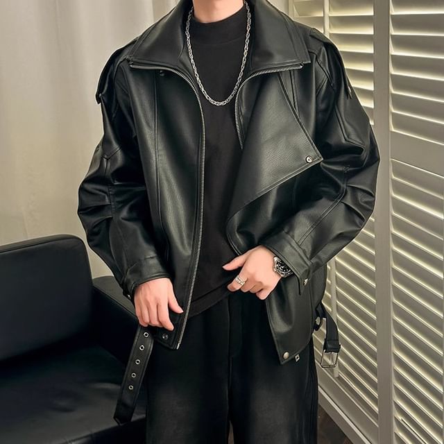 Savenne-Lapel Collar Faux Leather Biker Jacket