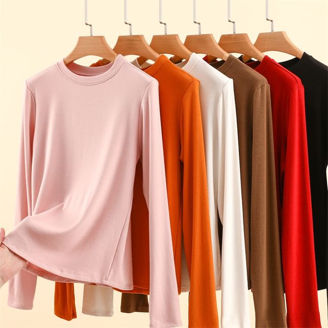 KUMI-Long-Sleeve Crew Neck Plain T-Shirt