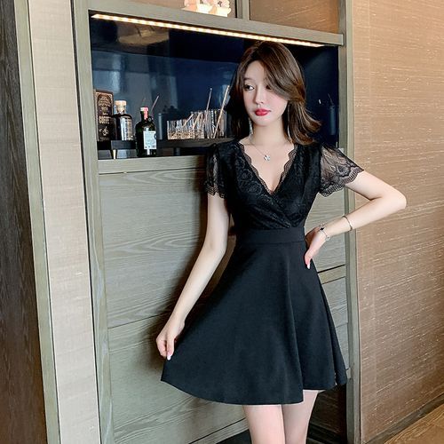 Short-Sleeve V-Neck Lace Panel Mini A-Line Dress