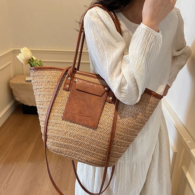 KOCORE-Panel Straw Basket Tote Bag