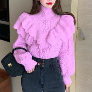 Odestra-Balloon-Sleeve Turtleneck Ruffle Plain Sweater