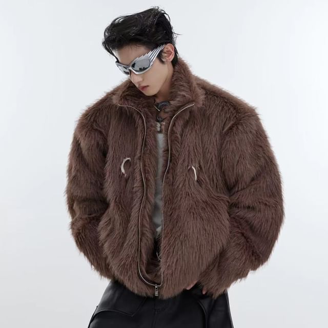 kooklay - Stand Collar Plain Faux Fur Zip Jacket | YesStyle