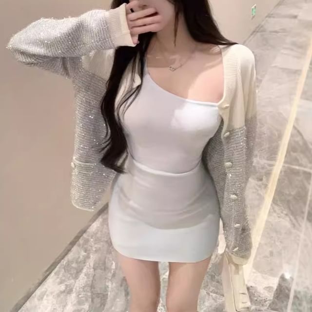 Trendycas-Crew Neck Glitter Panel Button-Up Cardigan Sleeveless One-Shoulder Plain Mini Bodycon Dress