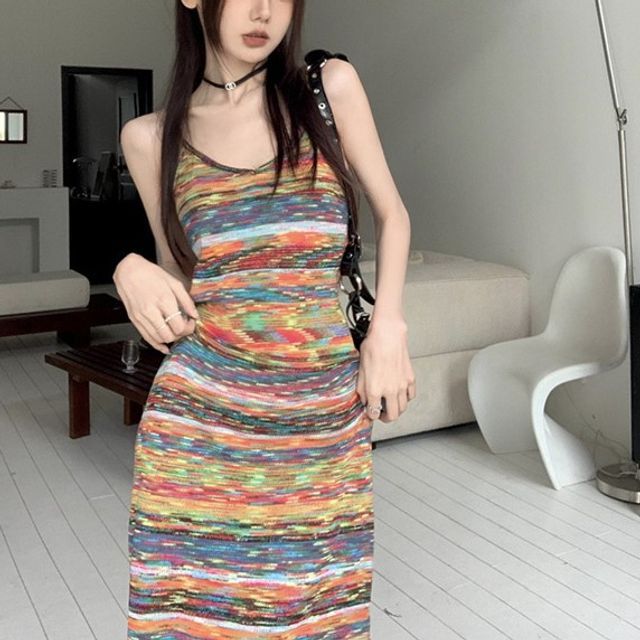 Mushini - Spaghetti Strap Striped Maxi A-Line Dress | YesStyle