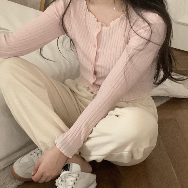 Glotto-Long Sleeve Plain Ribbed Knit Cardigan