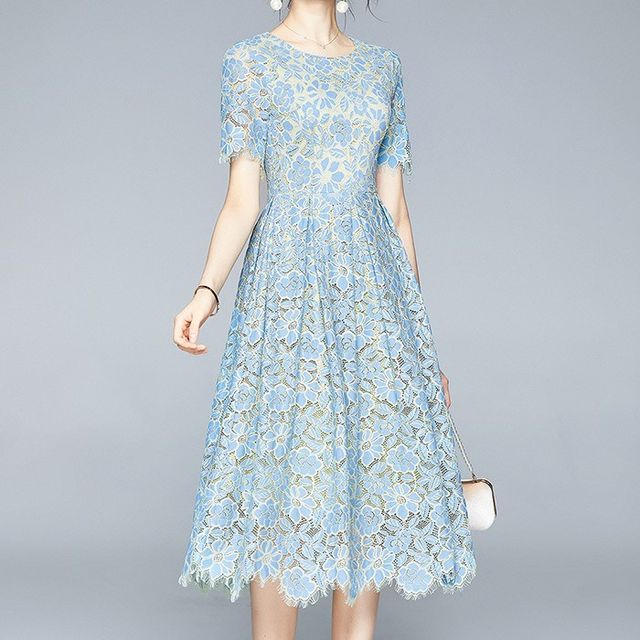 Short-Sleeve Midi A-Line Lace Dress 