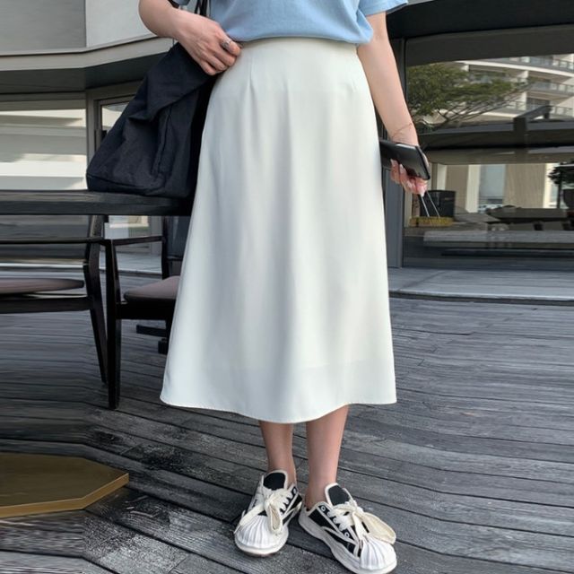 Appelsin-High Waist Plain Midi A-Line Skirt