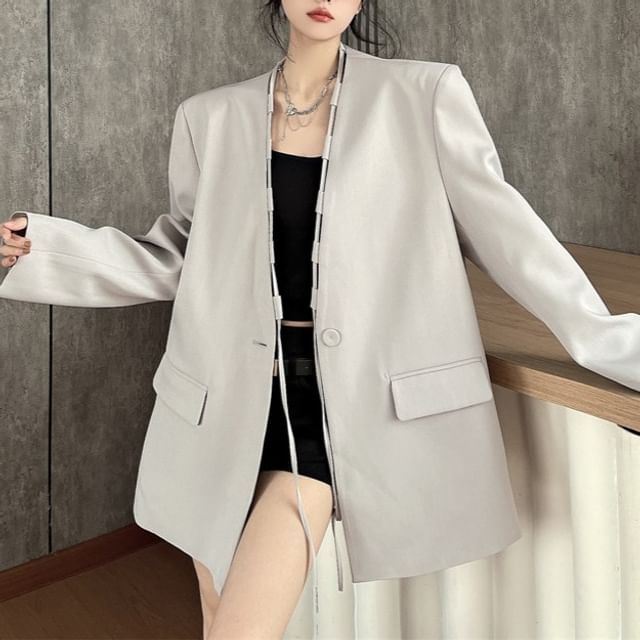 Kenning-Collarless Plain Single Button Oversized Blazer