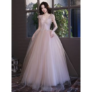 Mackizin Cap-Sleeve U-Neck Mesh A-Line Evening Gown Sale