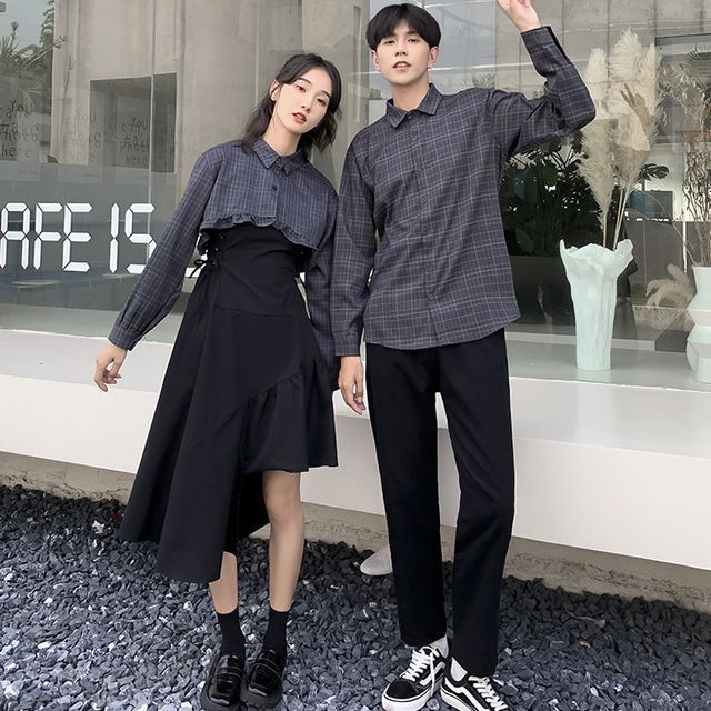Azure - Couple Matching Plaid Shirt / Spaghetti Strap Asymmetrical A-Line  Dress / Cropped Straight Leg Pants | YesStyle