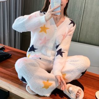 Endormi - Pajama Set: Star Print Cardigan + Pants | YesStyle