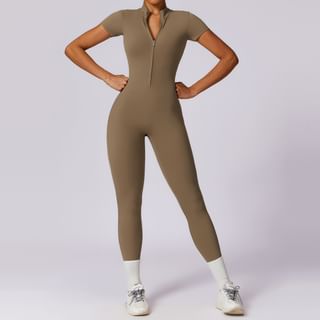 Skinniano Short-Sleeve Half Zip Plain Sports Jumpsuit Sale