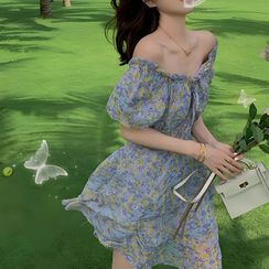 Shinobu - Floral Print Puff-Sleeve Mini A-Line Dress Shinobu - Floral Print Puff-Sleeve Mini A-Line Dress