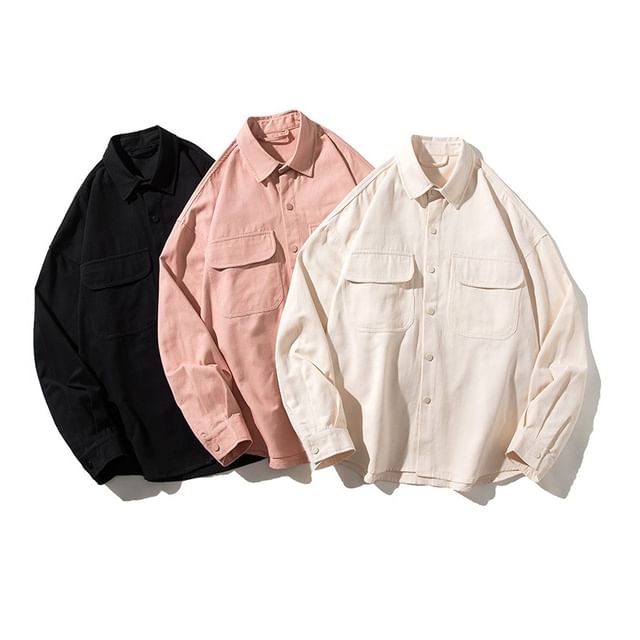 FORSETI-Long-Sleeve Plain Button-Up Cargo Shirt