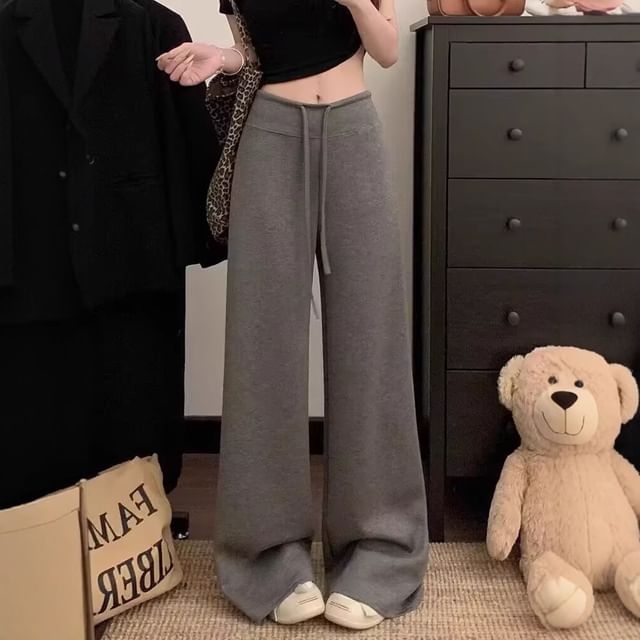 Asiris-Drawstring Waist Plain Baggy Pants