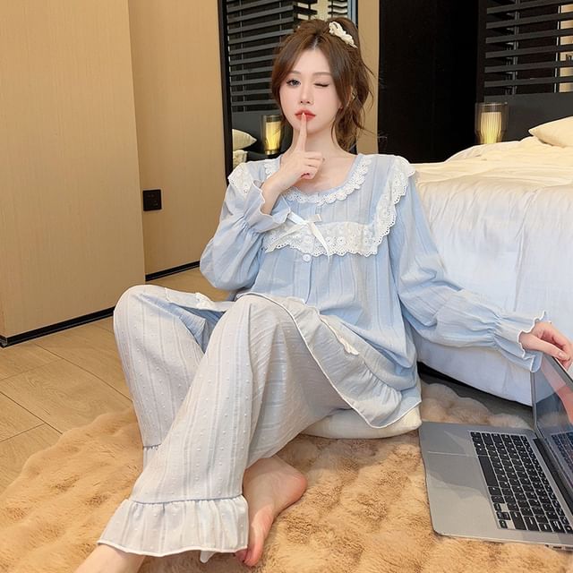 Siensien-Pajama Set Long-Sleeve Lace Panel Button Top Pants