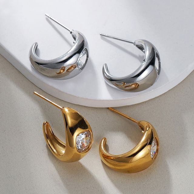 Aucucci-Rhinestone Stainless Steel Open Hoop Earring