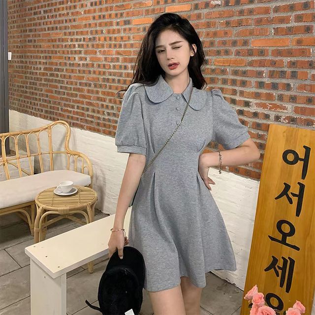 Everose-Short-Sleeve Collar Plain Mini A-Line Dress
